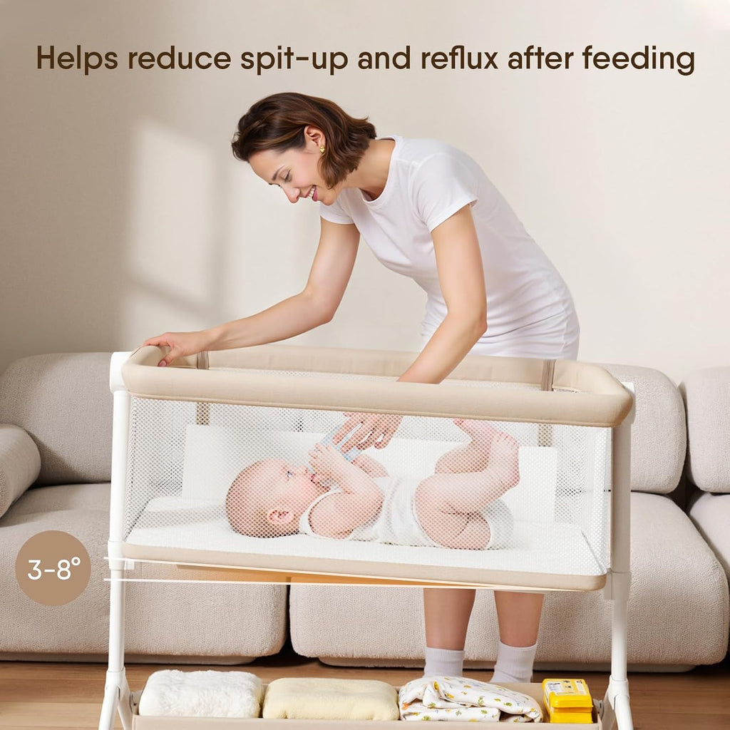 Bassinet Bedside Sleeper, All-Mesh, 5 Heights, Locking Wheels(Beige) | Washable mattress, oversized locking wheels