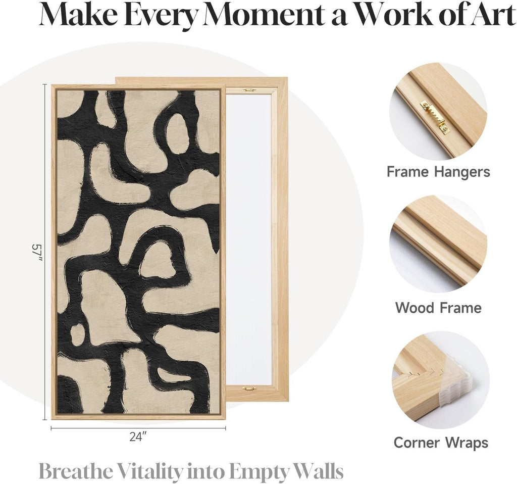 Framed Neutral Horizontal Abstract Wall Art, Extra Large Black and Beige Modern Painting Print, Mid Century Canvas
