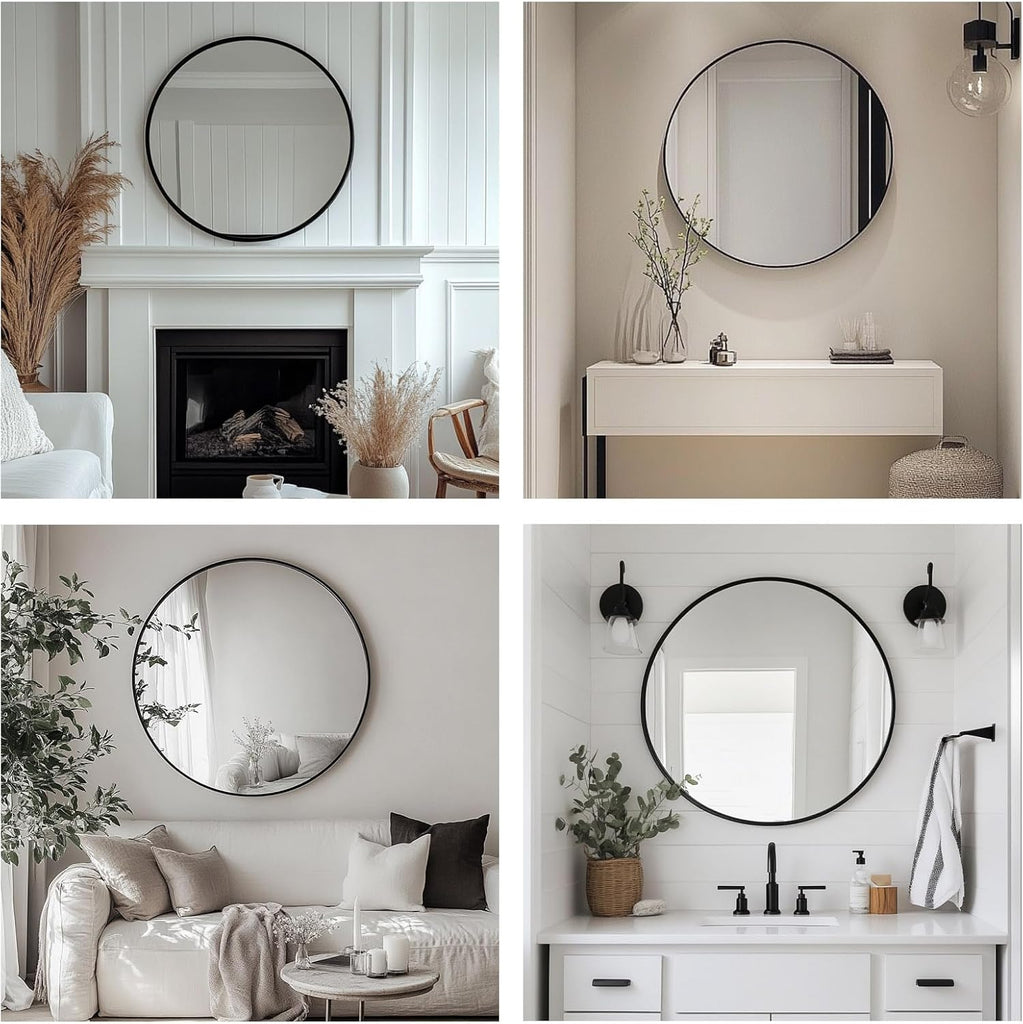 Round Mirror, Black Round Mirror 24 inch, Circle Wall Mirrors Metal Frame, Circular Mirrors for Wall, Living Room