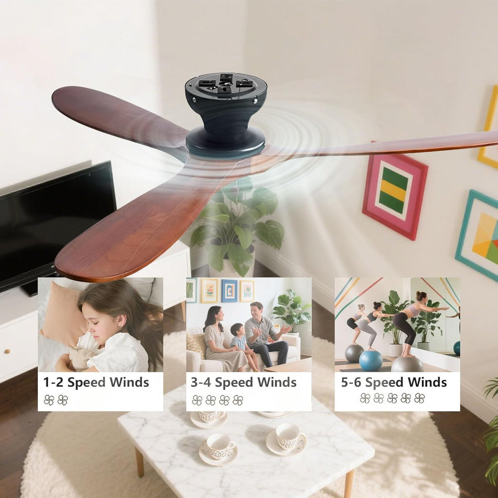 Solid Wood 60in Ceiling Fan Without Lights Flush Mount Ceiling Fans with Remote Control 6 Speeds
