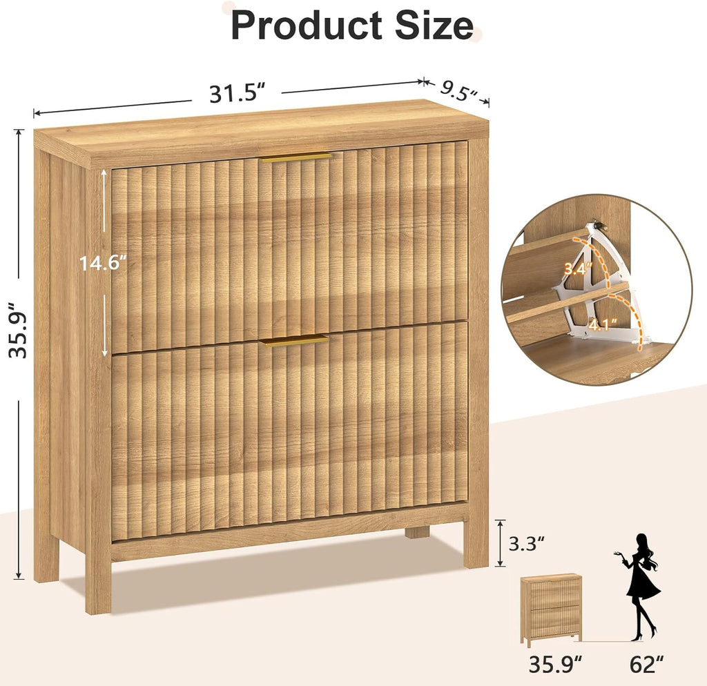 Shoe Cabinet Storage , Fluted Shoe Cabinet with 2 Flip Drawers, Hidden Shoe Rack Tall Freestanding Shoe Organizer
