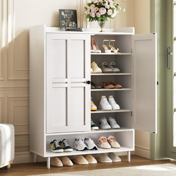 White 7+1 Tier Farmhouse Shoe Storage Cabinet - 45" Tall Entryway Organizer with Cross Molding Doors, 3 Adjustable