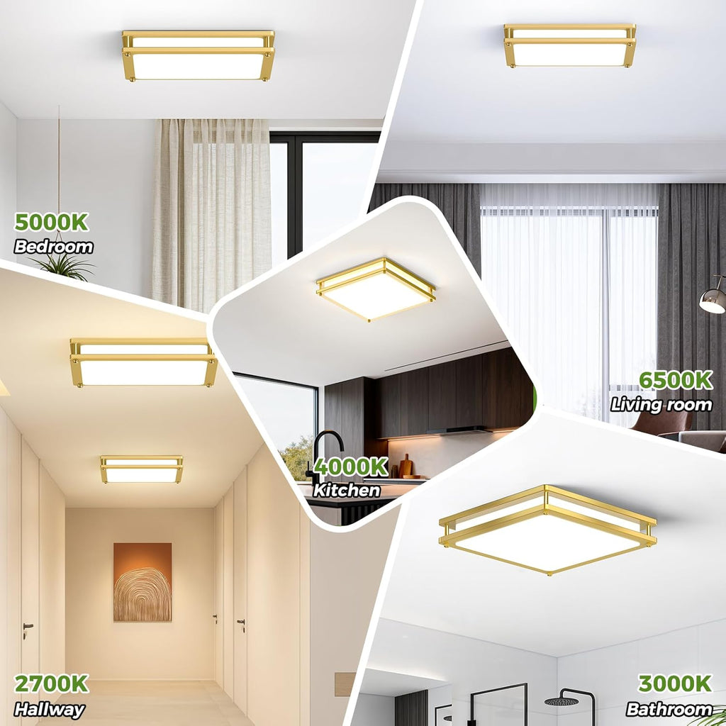 13 Inch Gold Square LED Ceiling Lights Kitchen Bathroom, 36W Super Bright 3200LM Modern Flush Mount Light Fixture