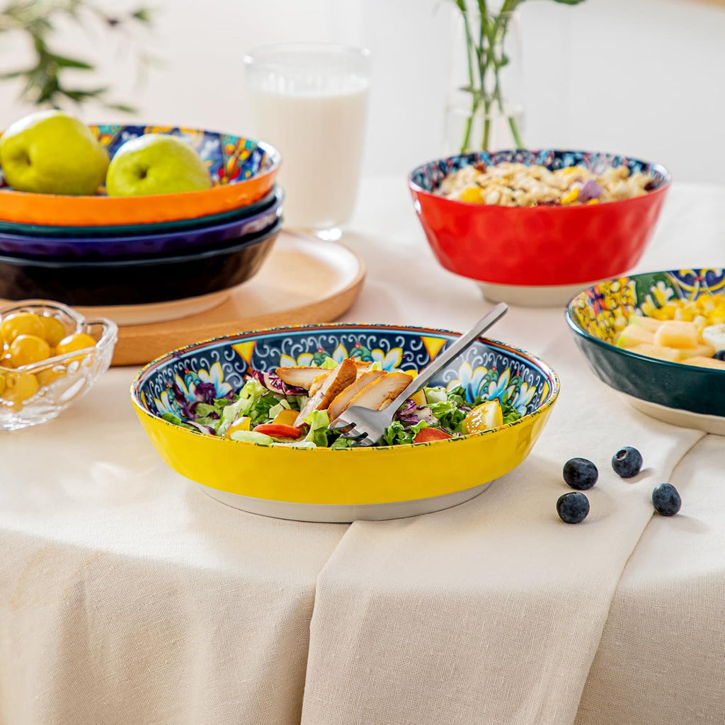 32 Oz Pasta Bowls Set of 6, Ceramic Bohemian Soup Salad Bowls | Dishwasher and Microwave Safe Ceramic, Large 11.5