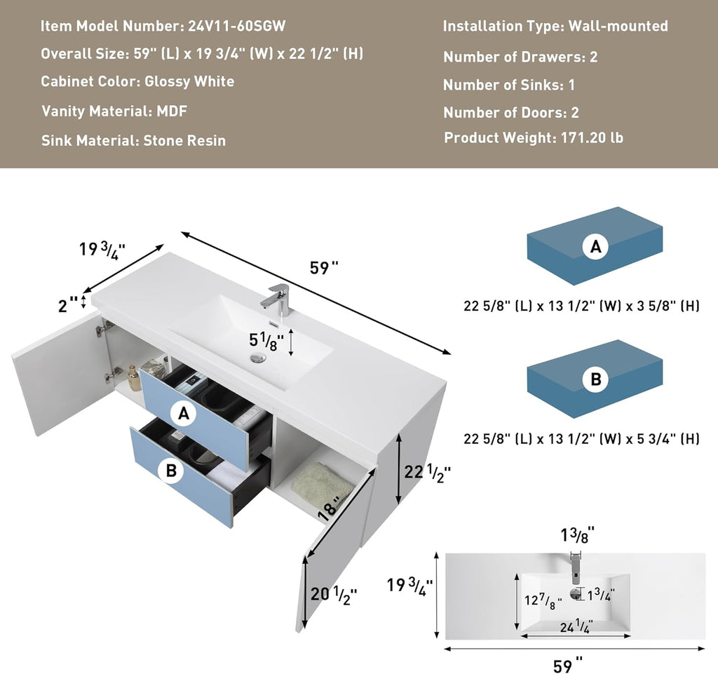 60 Inch Floating Bathroom Vanity with Sink, Large Storage Wall Mounted Floating Vanity with Soft Close Drawers