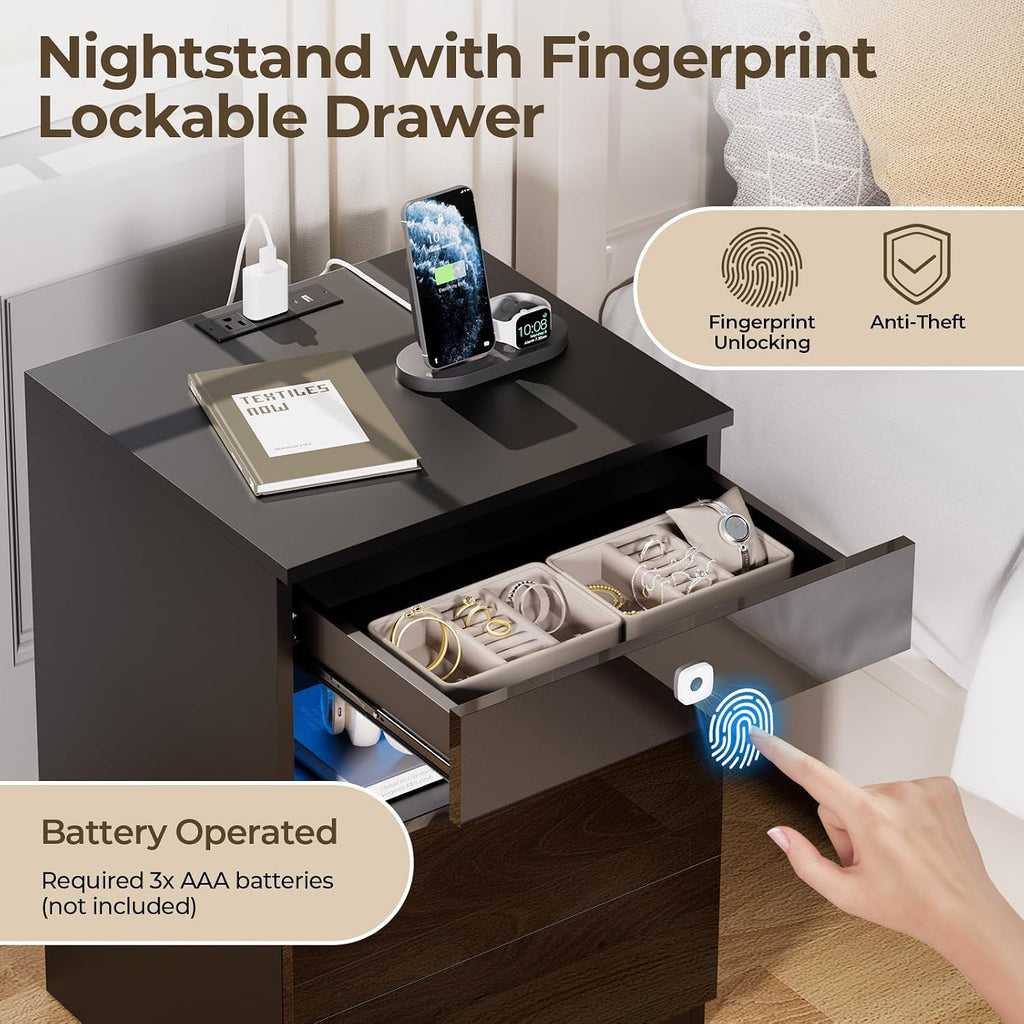 Smart Nightstand with Fingerprint Lock Drawer, Modern LED Nightstand with Charging Station, Bedside Table with Hidden