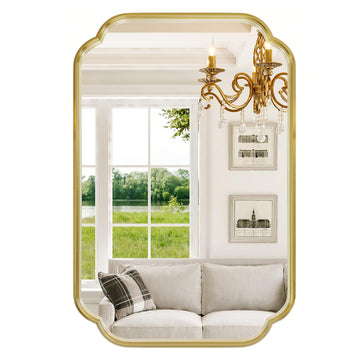 Gold Bathroom Scalloped Mirror, 24" x 36" Rounded Corner Rectangle Wall Mirrors with Metal Frame, Modern Vanity