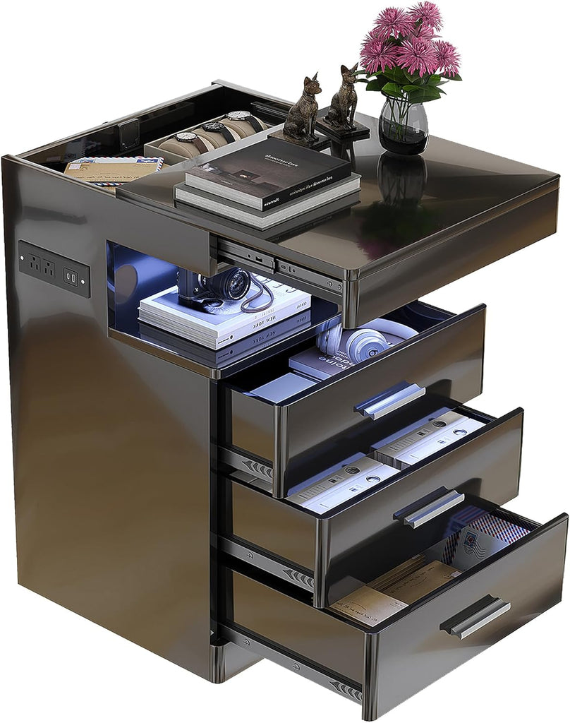 Led Nightstand with Hidden Space, Modern Night Stand with Charging Station, 3 Drawer Smart Nightstand with Glossy