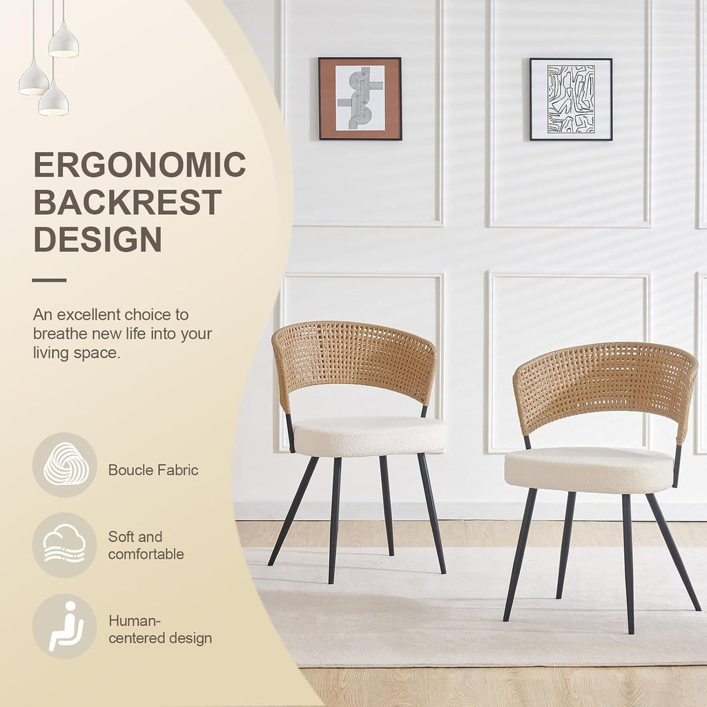 Rattan Dining Chairs Set of 4, Wicker Dining Chairs Set of 4 with PE Rattan Back,Wing Back Kitchen Chair with Boucle