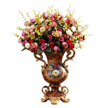 Artificial Vintage Flower Arrangement Vase Set European Golden Resin Vase Fake Flower Decor Wedding Party