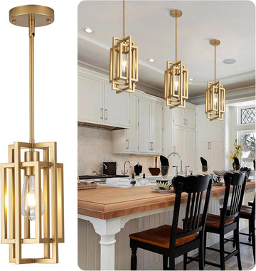 Farmhouse Pendant Light Fixtures, Gold Modern Pendant Lights 59'' Adjustable Small Square Pendant Ceiling Hanging