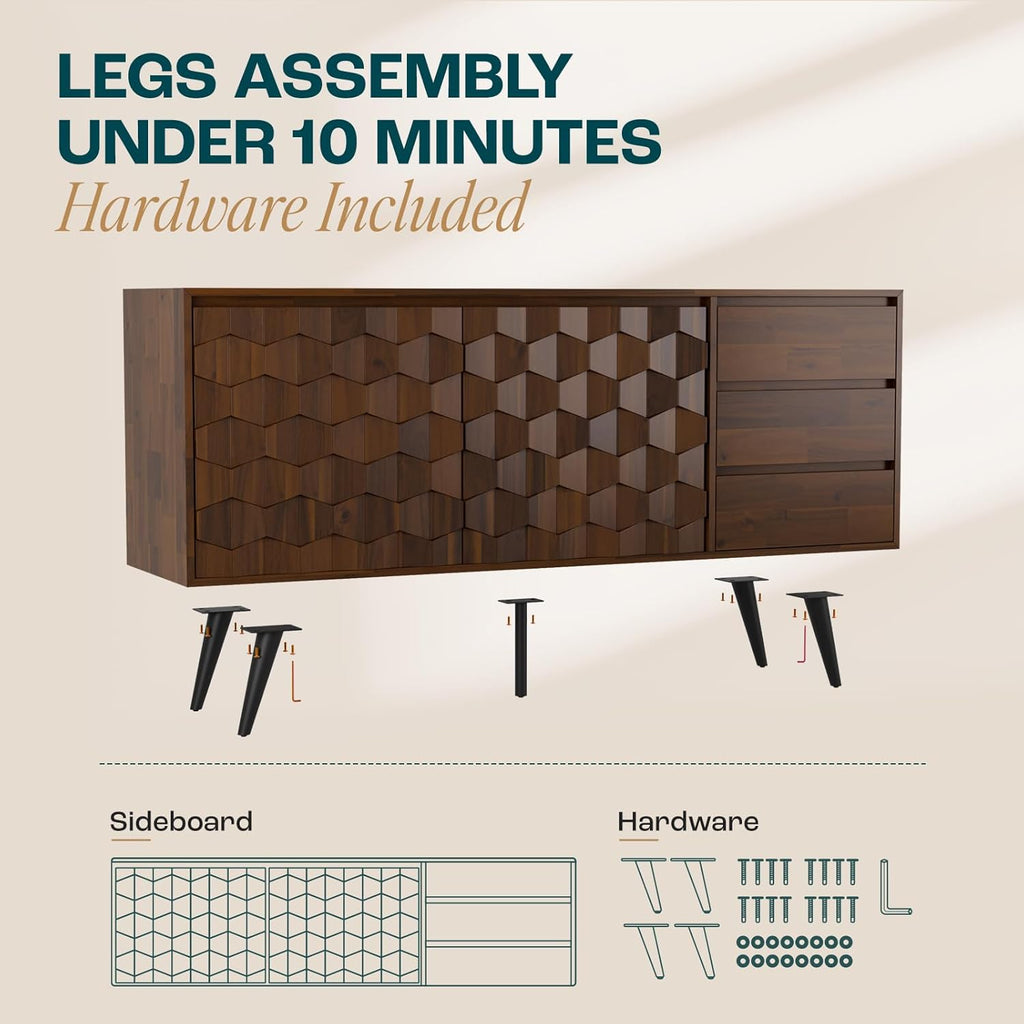 Sideboard Georgina Solid Wood 2 Doors & 3 Drawers, 61'' Mid Century Modern Cabinet with Geometric Pattern for Kitchen
