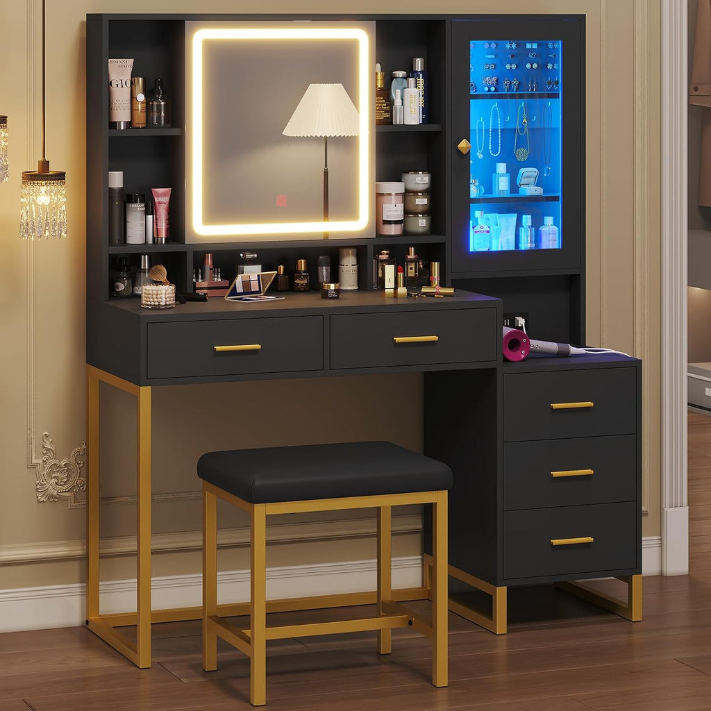 Makeup Vanity with Upholstered Stool & Charging Station, Vanity Desk with Mirror and Lights & Jewelry Storage, Vanity