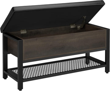 40" W Storage Bench, Entryway Shoe Bench with Cushion, Dark Brown | Wood Metal Bench with Flip-Open Hidden Storage