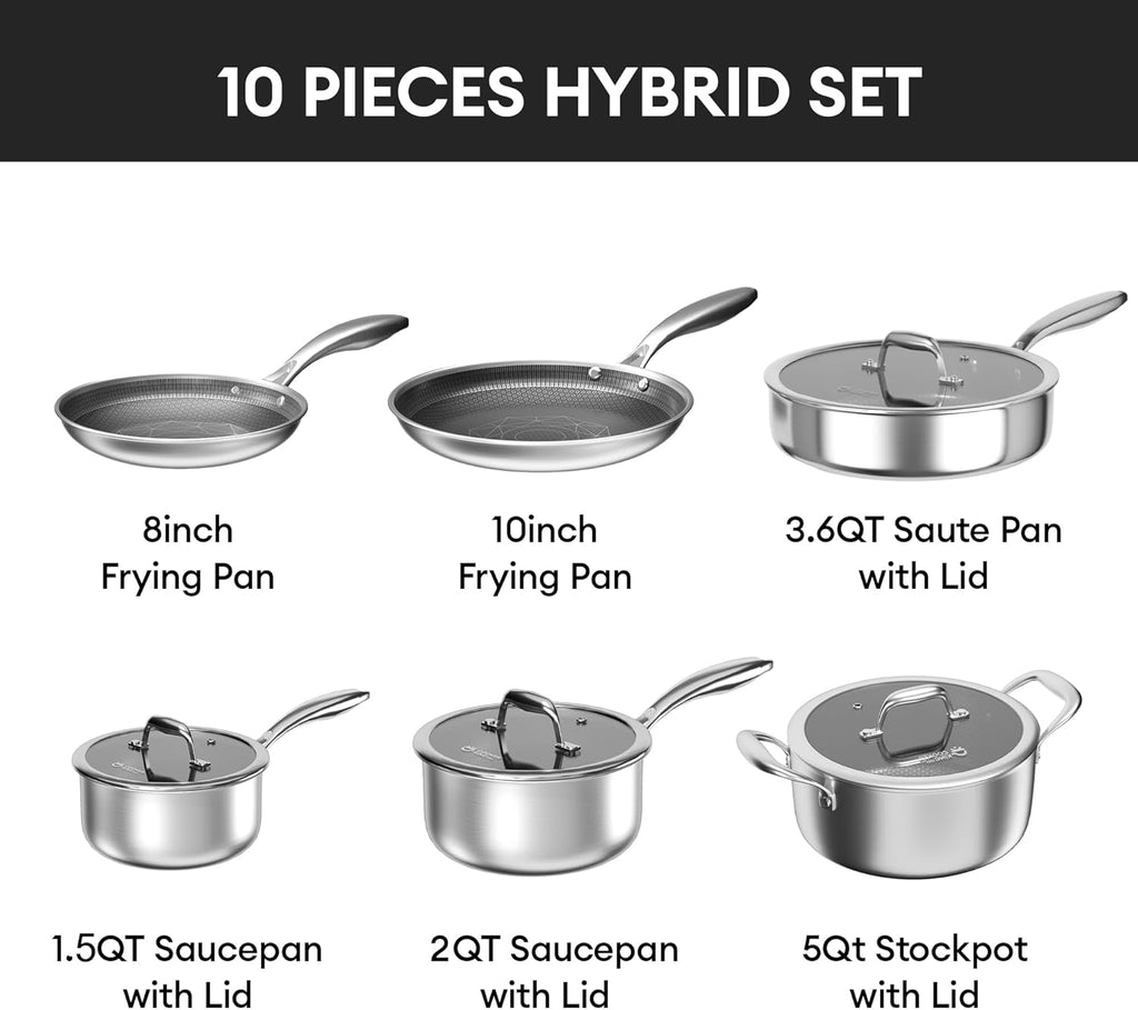 10pcs Pots and Pans Set Non Stick, Stainless Steel Cookware Set | Hybrid, Non Toxic, Dishwasher and Oven Safe, All