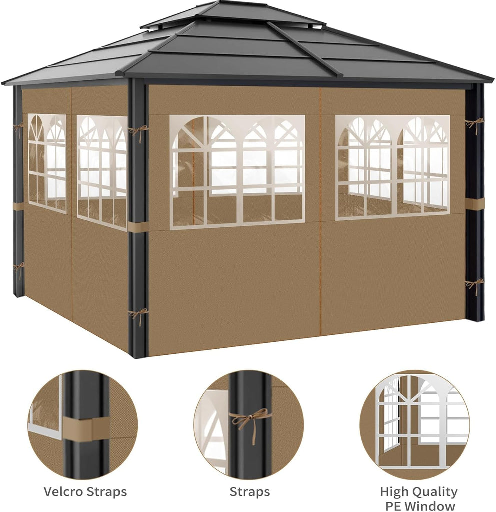 Gazebo Privacy Curtains 10' x 10' with PVC Windows, 4-Panels Side Wall with Zipper Universal Replacement Canopy