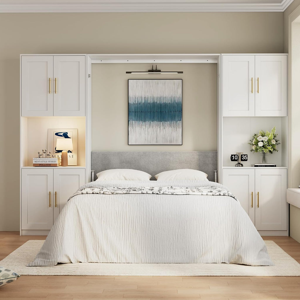 Farmhouse Murphy Bed Queen, 85" Wall Bed Folds to Save Space, Concealed Bed Frame with 2 Storage Cabinets and Wall