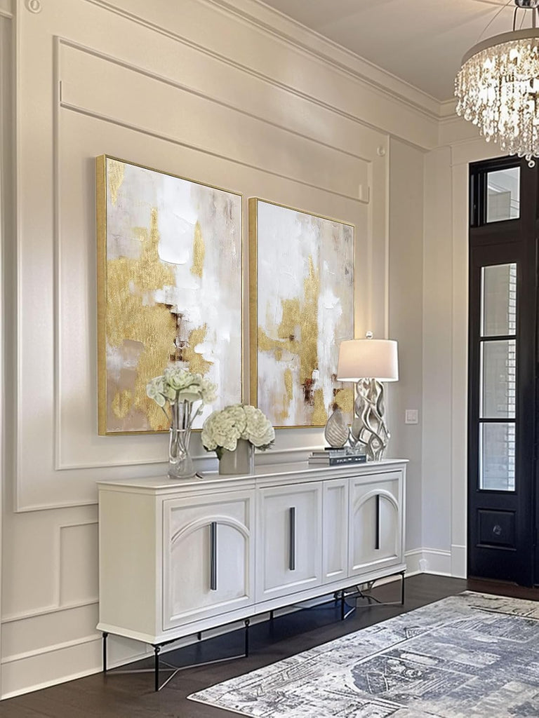 Abstract Gold and Beige Canvas Wall Art - 2 Piece Framed Prints with Hand-Painted Texture - Neutral