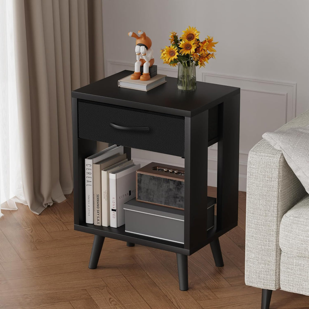 24" H Nightstands Set of 2 with Fabric Drawer, Black | Open Wood Shelf, Side Table with Storage , Spacious 15.7"L x