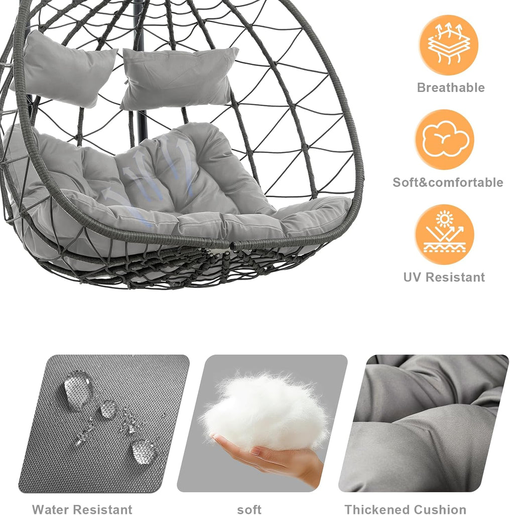 Double Egg Swing Chair with Stand, 2 Person Outdoor Indoor Hammock Hanging Chair with Cushion,Patio Wicker Hanging