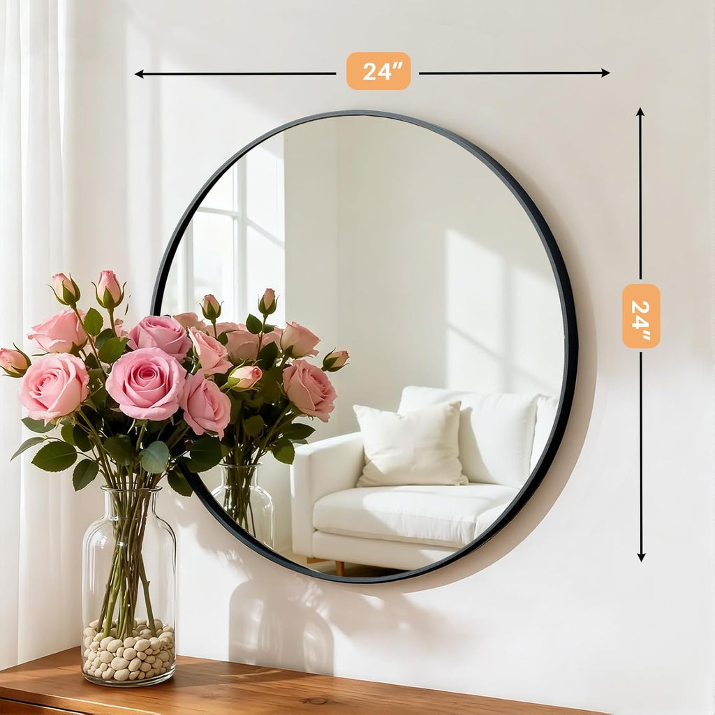 Bathroom Mirror for Wall, 24 Inch Round Mirror, Matte Black Metal Framed Circle Vanity Mirror Bedroom Living Room