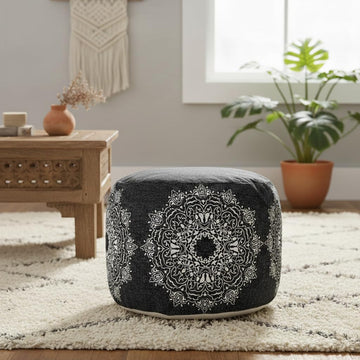 LR Home Black/Ivory Medallion Cotton Ottoman Pouf Decor | Hand-Made Classic Foot Rest Decor | 18 x 18 x 14 Stuffed