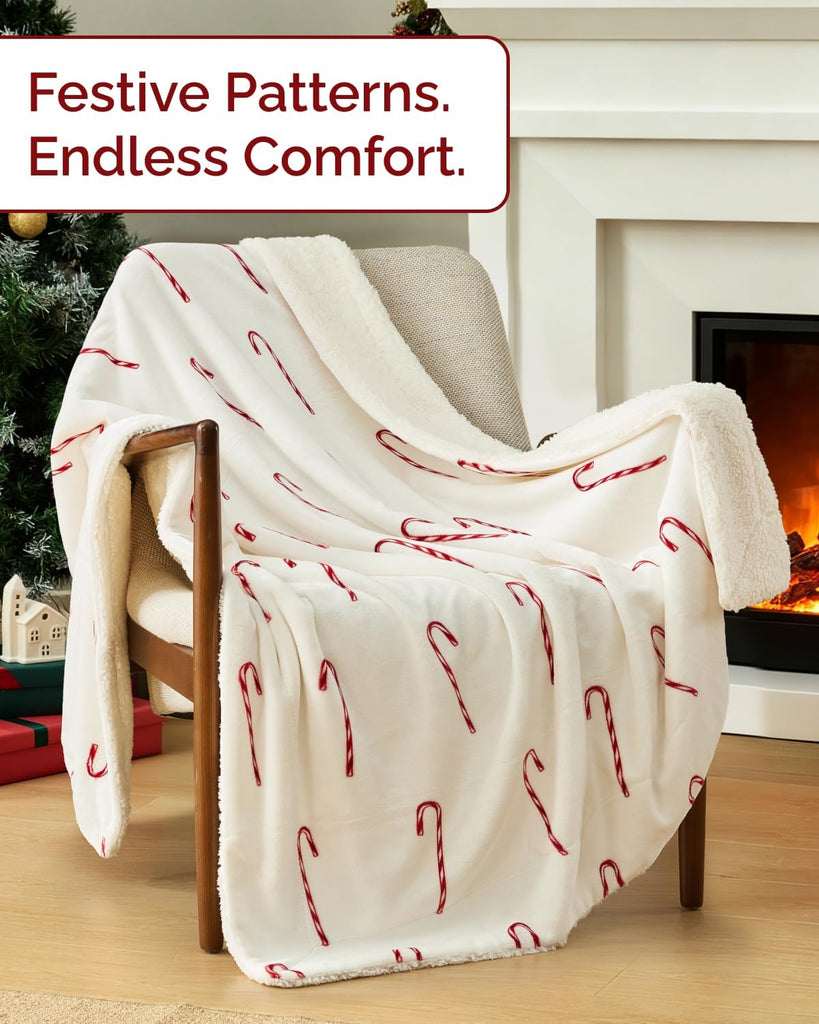 Christmas Sherpa Blanket Throw Size, Reversible Blanket - Candy Cane, 50x60