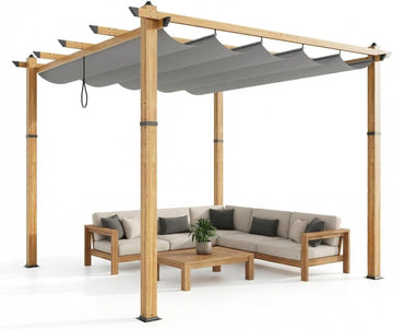 Outdoor Pergola 10x10 ft, Wood-Grain Aluminum Patio Pergola with Retractable Canopy for Backyard, Deck, Porch