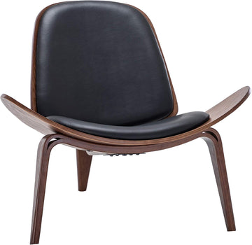 Mid Century Modern Tripod Plywood Lounge Chair Walnut Bentwood Upholstered Faux Leather, Black