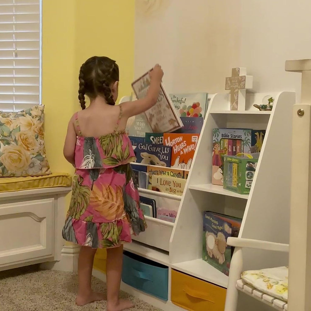 5-Tier Kids Sling Bookshelf with Storage Bins, Wood Children Bookcase, Toddler Montessori Book Shelf for Kids Room