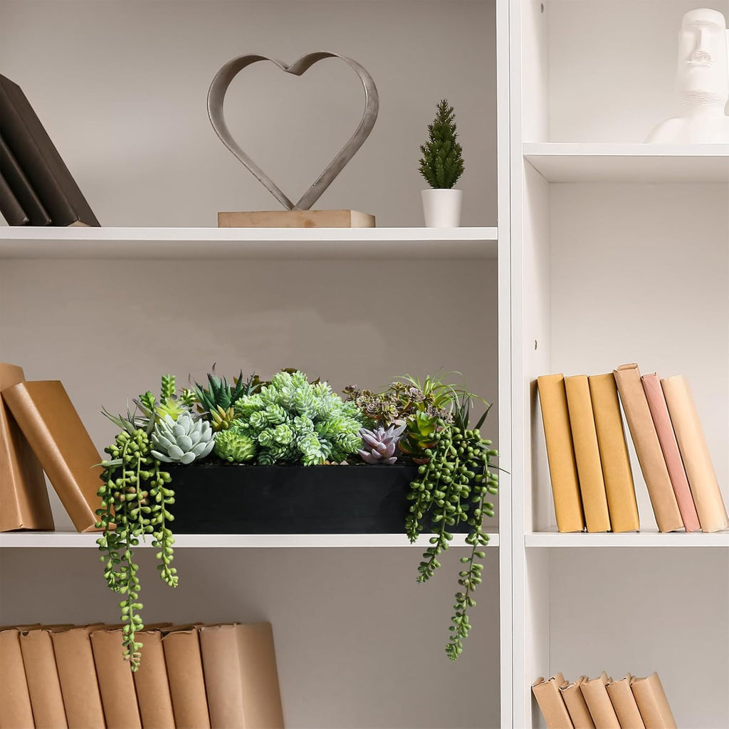 15" Artificial Succulents Arrangement Faux Succulents in Rectangular Black Wooden Planter Box Faux Potted Succulents