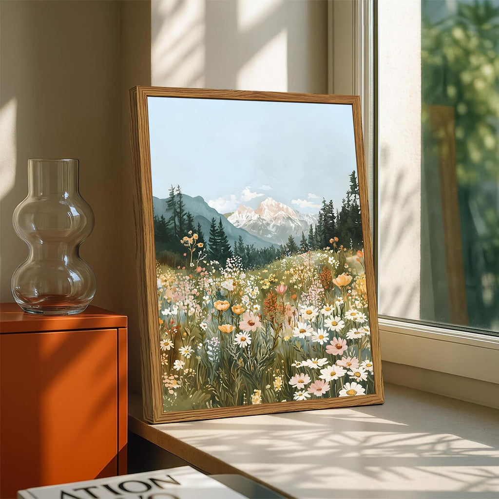 Framed Boho Landscape Wall Art, Colorful Floral Mountain Pictures Wall Decor, Vintage Wildflower Nature Paintings