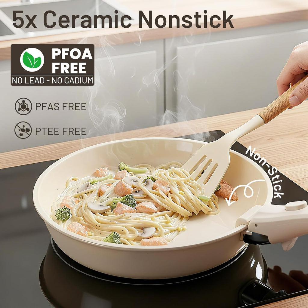 Nonstick Pots and Pans Set - Ceramic Cookware Set with Detachable Handle - 25 Pack Healthy Pans Set for Cooking