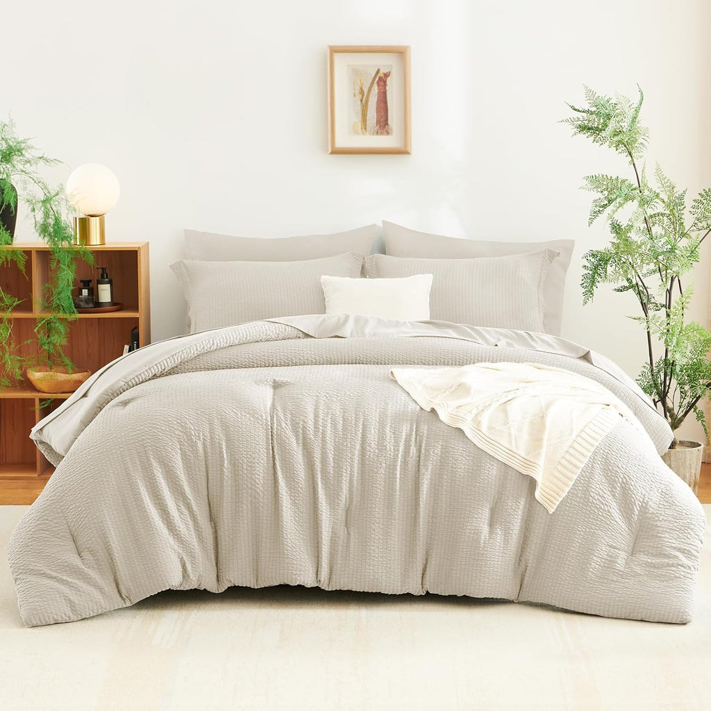Queen Comforter Set Beige - 7 Pieces Striped Seersucker Bed in a Bag