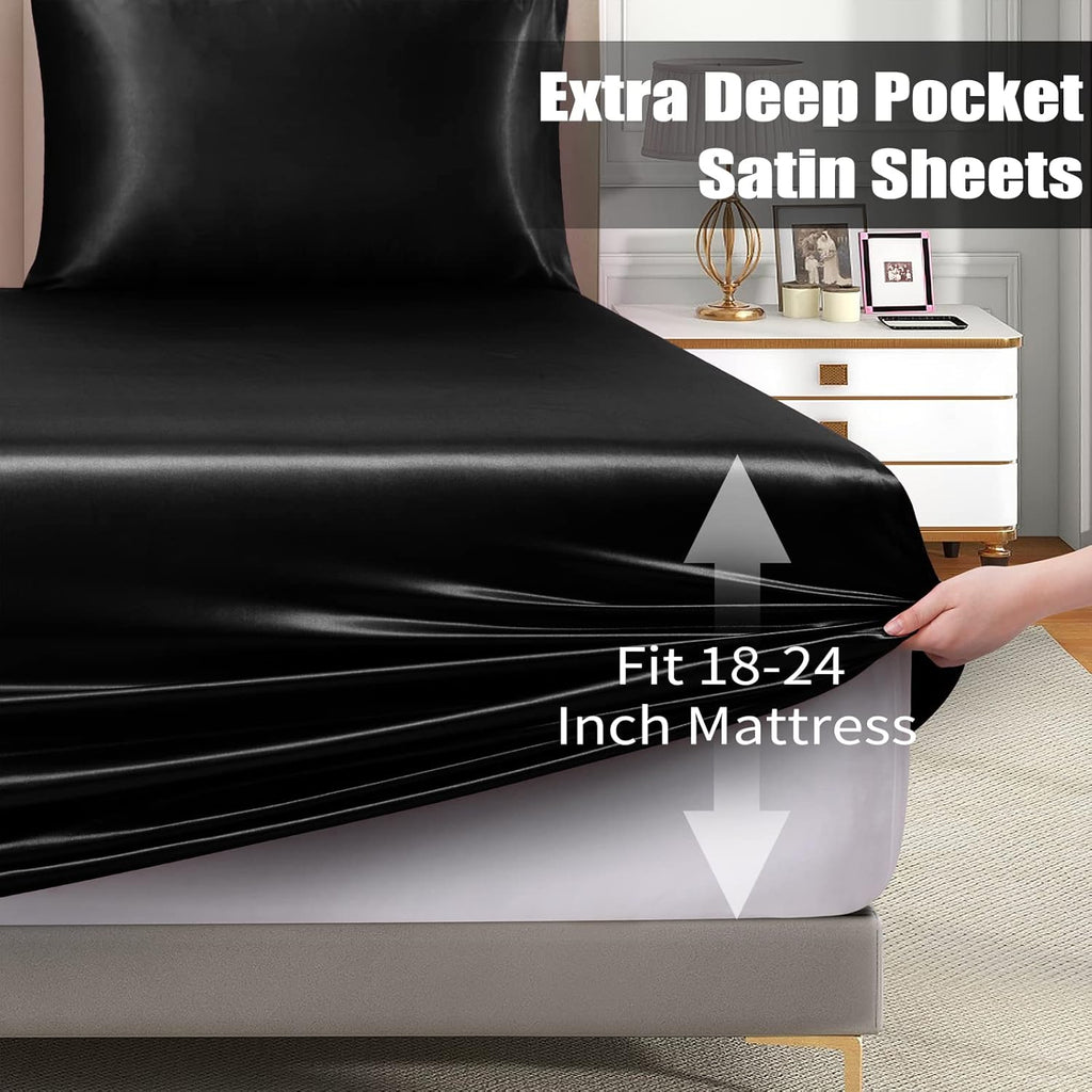 3pcs Extra Deep Pocket Satin Fitted Sheet Set Bed Set, Black Bottom Sheet Fit 18-24 Inch Deep Pocket Mattress
