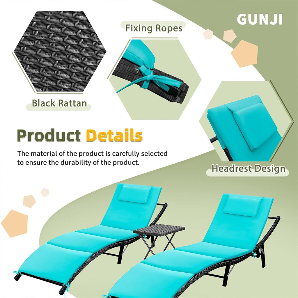 Lounge Chairs for Outside 3 Pieces Patio Adjustable Chaise Lounge Outdoor Wicker Lounge Chairs Set of 2 with Table
