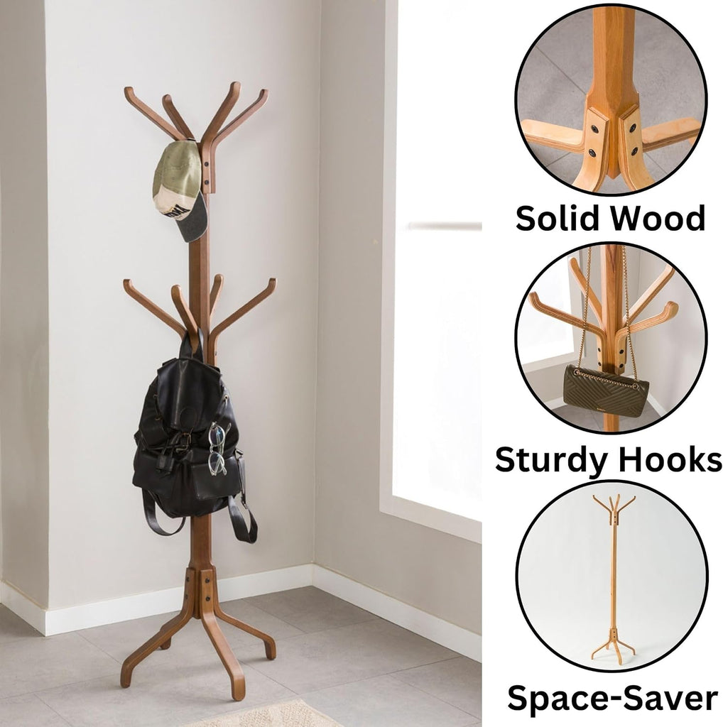 Solid Wood Coat Rack Freestanding, Coat Stands Entryway, Coat Rack Hat Hanger Hook for Jacket, Purse, Scarf Rack, Mid