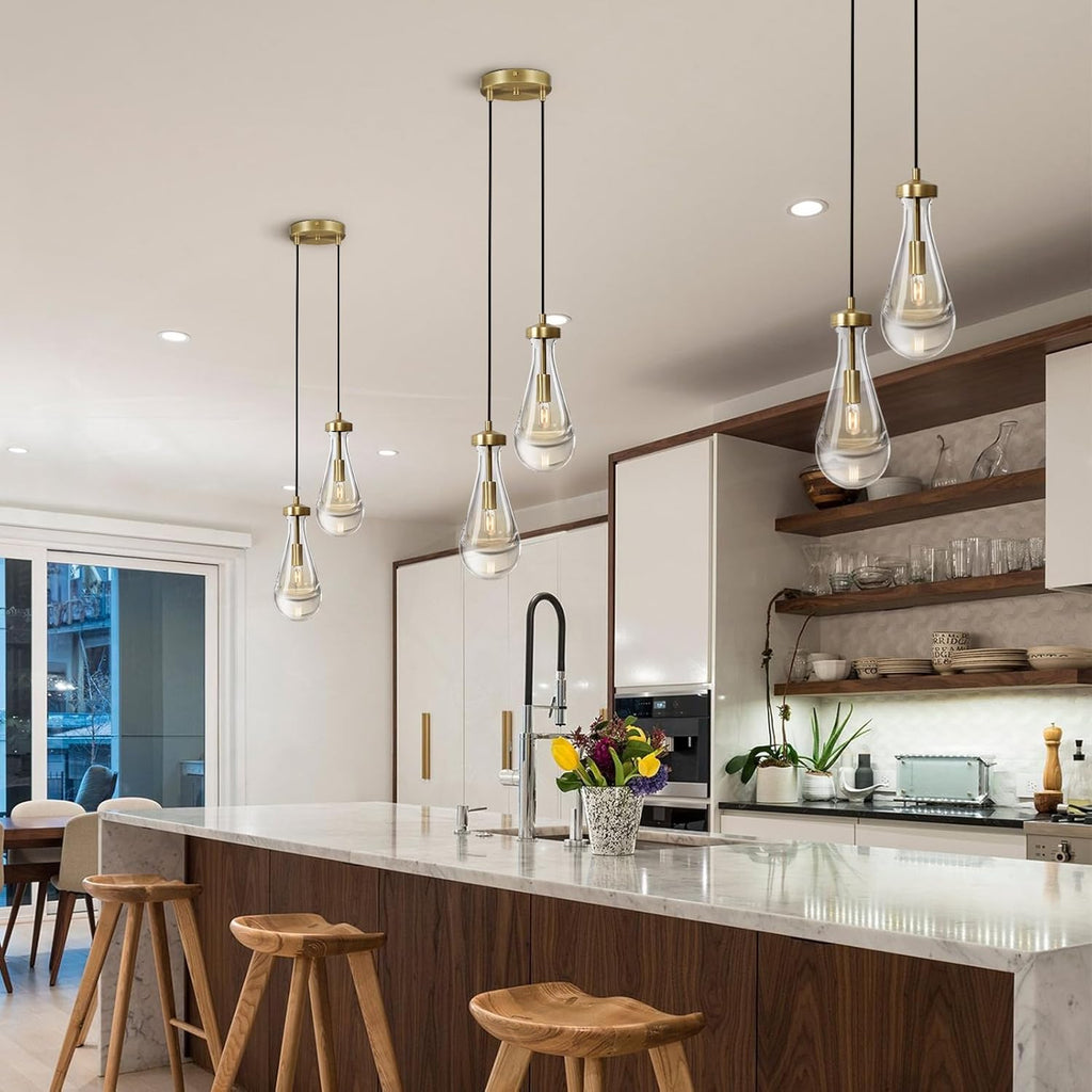 Raindrop Pendant Lights Kitchen Island Teardrop Gold Hanging Light Fixtures Clear Solid Glass Pendant Light Modern Chandeliers for Dining Room Porch Corridor Living Room (2-Light)