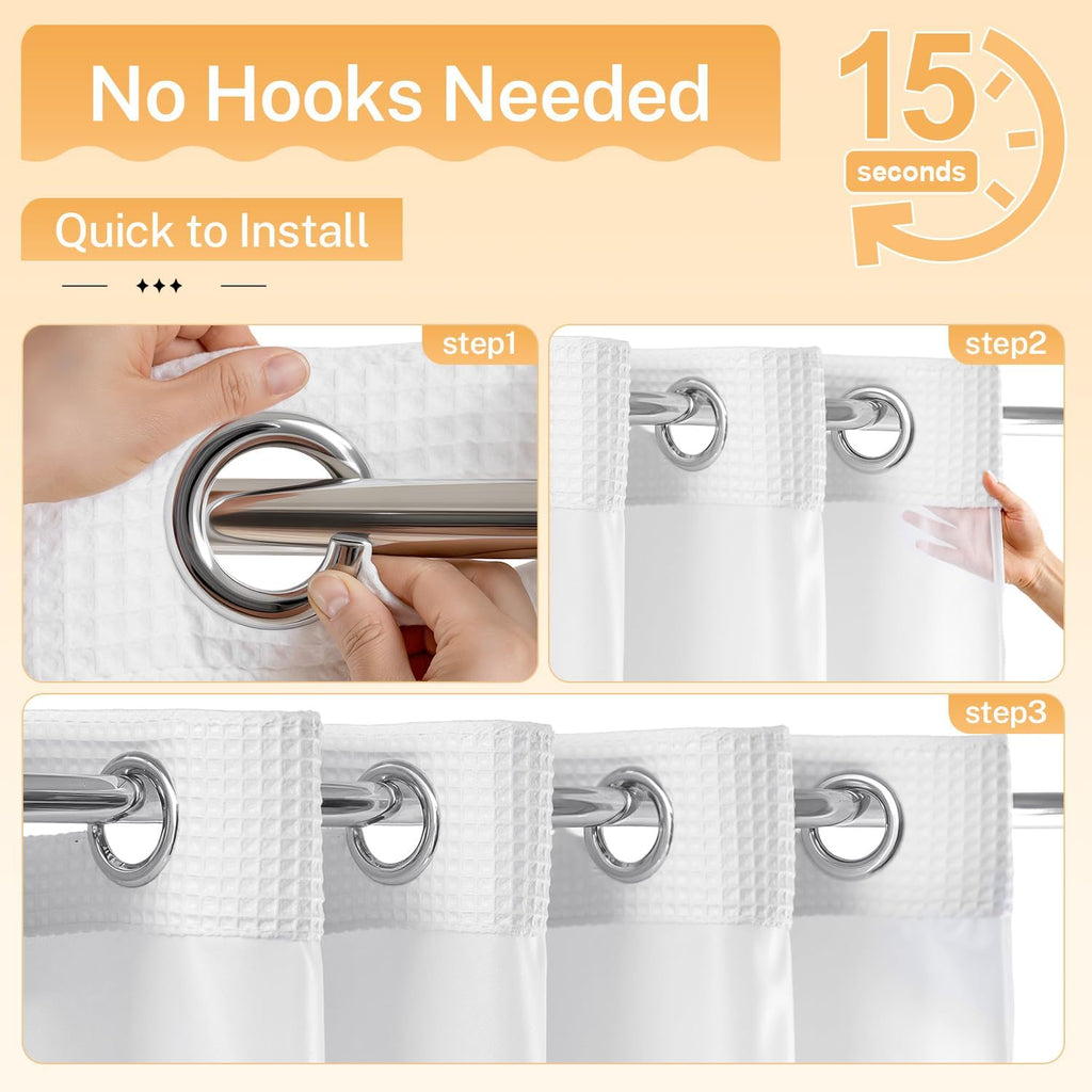White Cotton Blend Fabric Shower Curtain Set with Liner, 71x74 | Waffle Weave, No Hook Needed, with Snap in