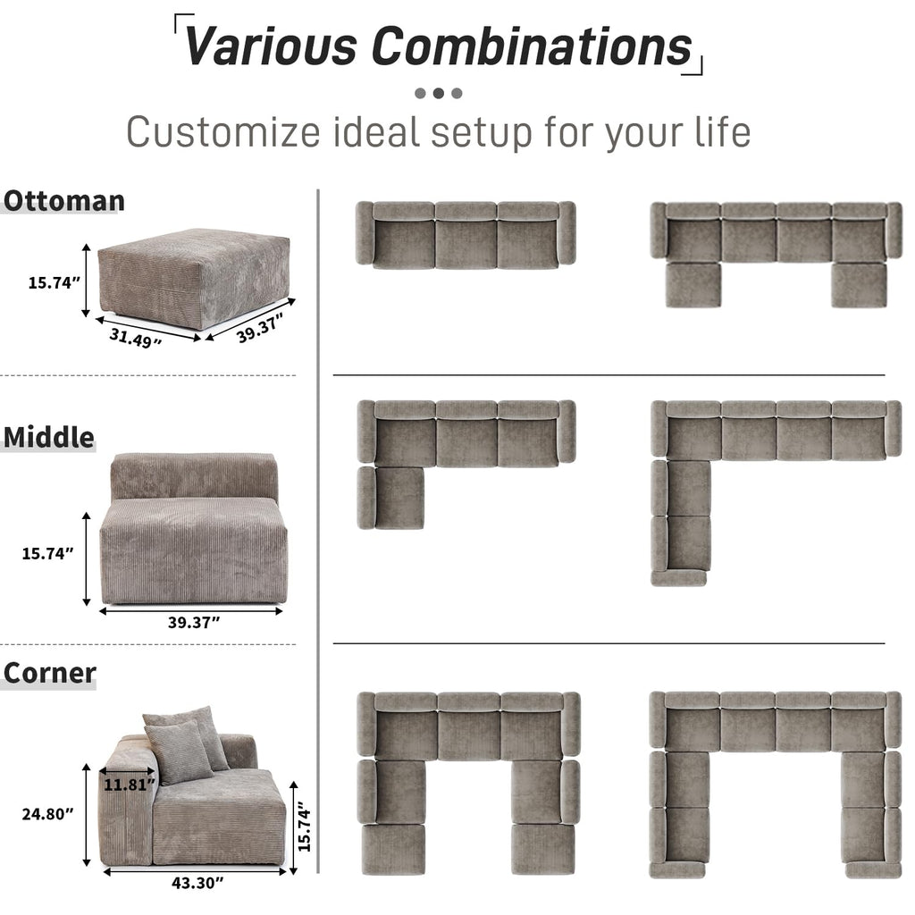 Oversized Modular Sectional Sofa with Ottomans, 5 Seater Corduroy V Shaped Reversible Corner Couch, 141.73" Convertible