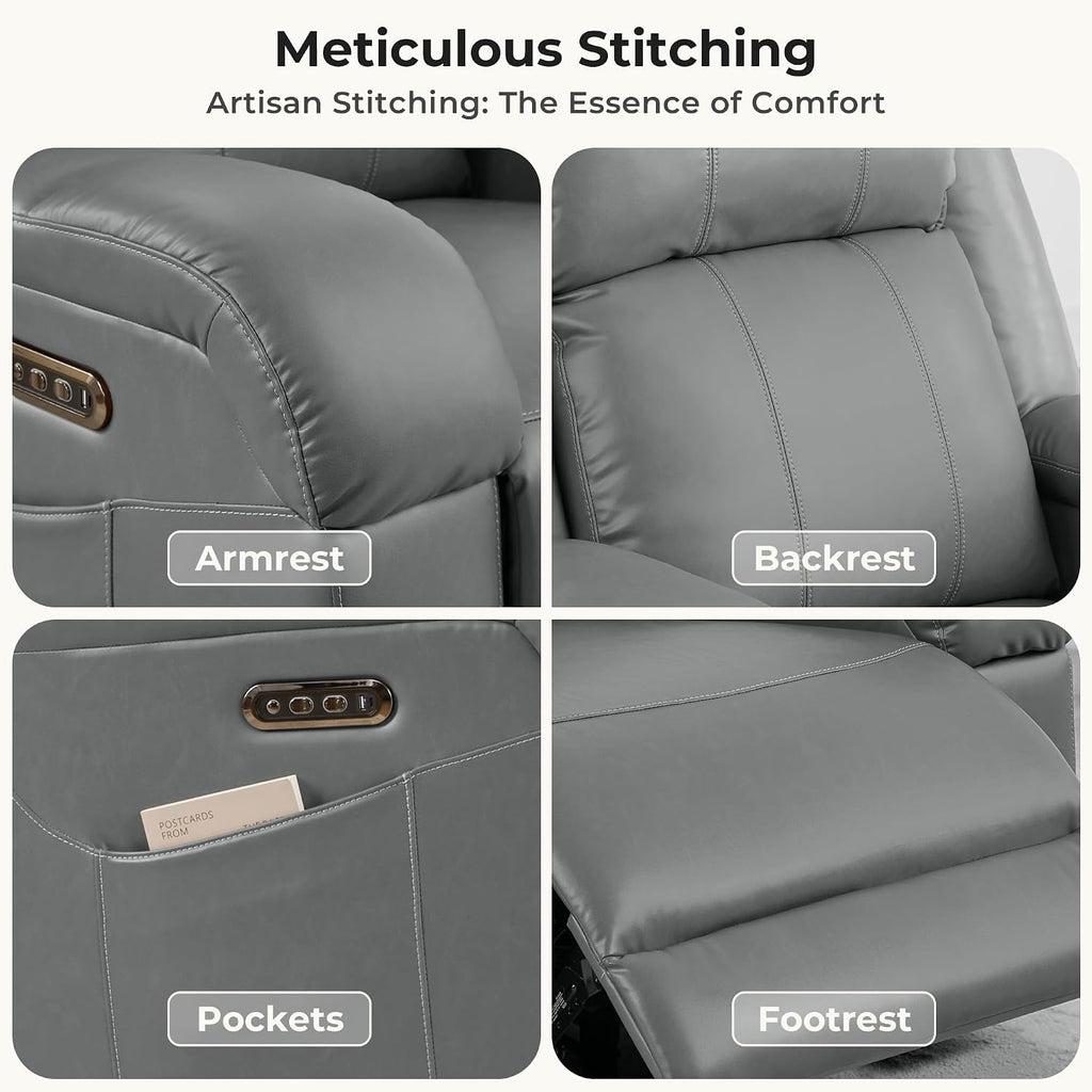 Pet Friendly Leather Power Recliner Chair, Zero Wall Hugger RV Recliners with Power Headrest, Charging Ports, Side