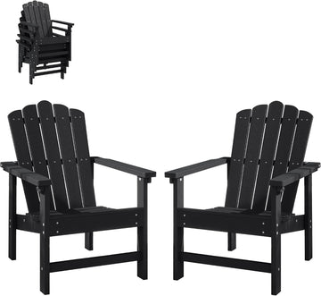Stackable Adirondack Chairs Set of 2,HDPE,Black | Durable, All-Weather Patio Seating with Wood Texture, Low