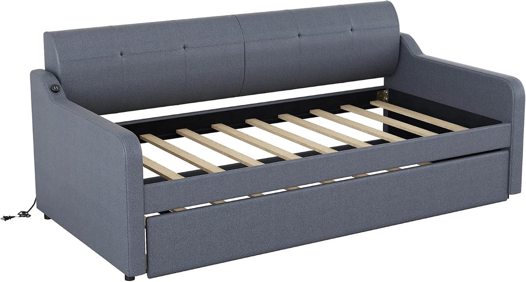 Twin Size Upholstered Daybed with Pop up Trundle,Line Day Bed Frame with Charging Station,Twin to King Daybed, Tufted