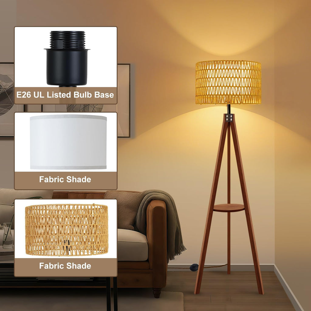 Rattan Wood Floor Lamp Tripod with Shelves, Mid Century Modern Floor Lamps, 3 Color Temperatures with Foot Switch