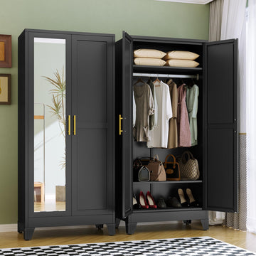Metal Armoire Wardrobe Closet, 71" Bedroom Closet with Mirror Black