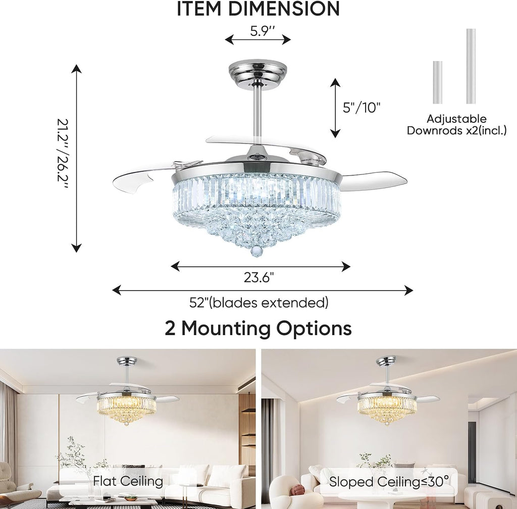 52 Inch Fandelier Ceiling Fan with Light, Retractable Chandelier Fan LED Dimmable Crystal Ceiling Fan Living Room
