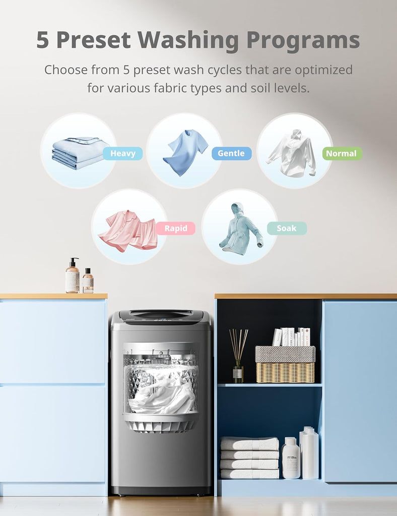 Portable Washing Machine, 0.9 cu.ft Compact Washer With LED Display, 5 Wash Cycles, 2 Built-in Rollers, Space Saving