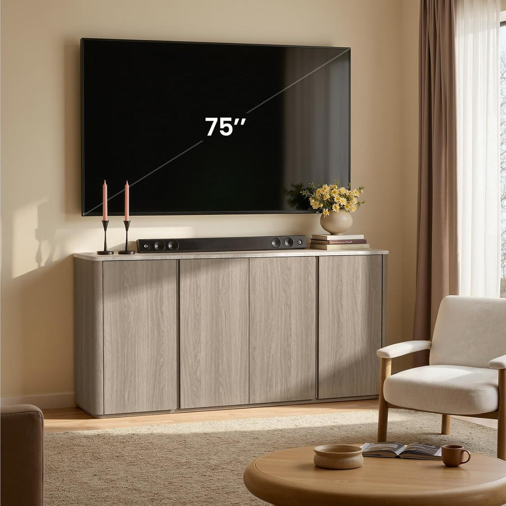 67" Sideboard Buffet Cabinet with Faux Travertine Texture, Storage Credenza with 4 Doors & Adjustable Shelves