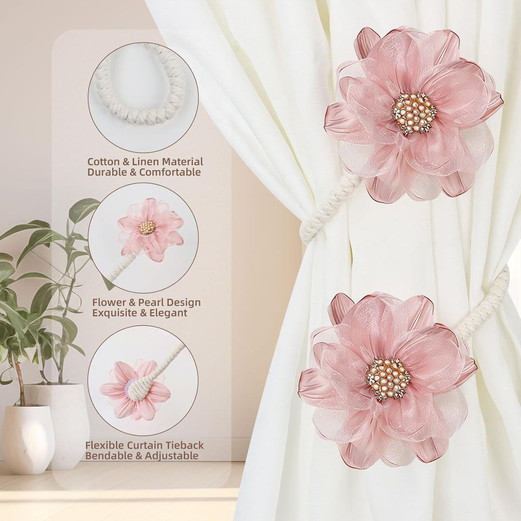 2 Pack Flower Curtain Holdbacks, No Drill Curtain Tiebacks for Drapes, Premium Fabric Curtain Ties, Decorative