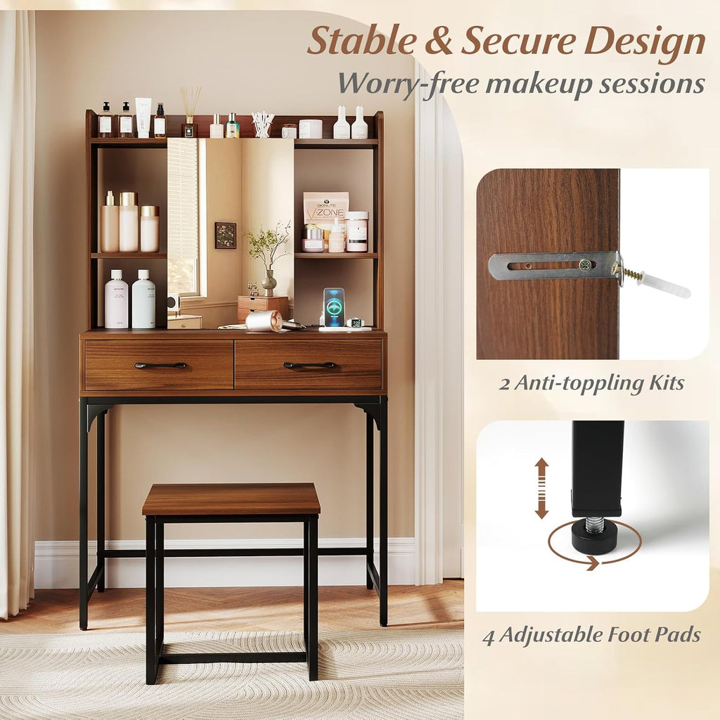 Vanity Desk with Mirror and Stool, Industrial Dressing Table with Power Outlet, 4 Shelves, 2 Storage Drawers, Bedroom